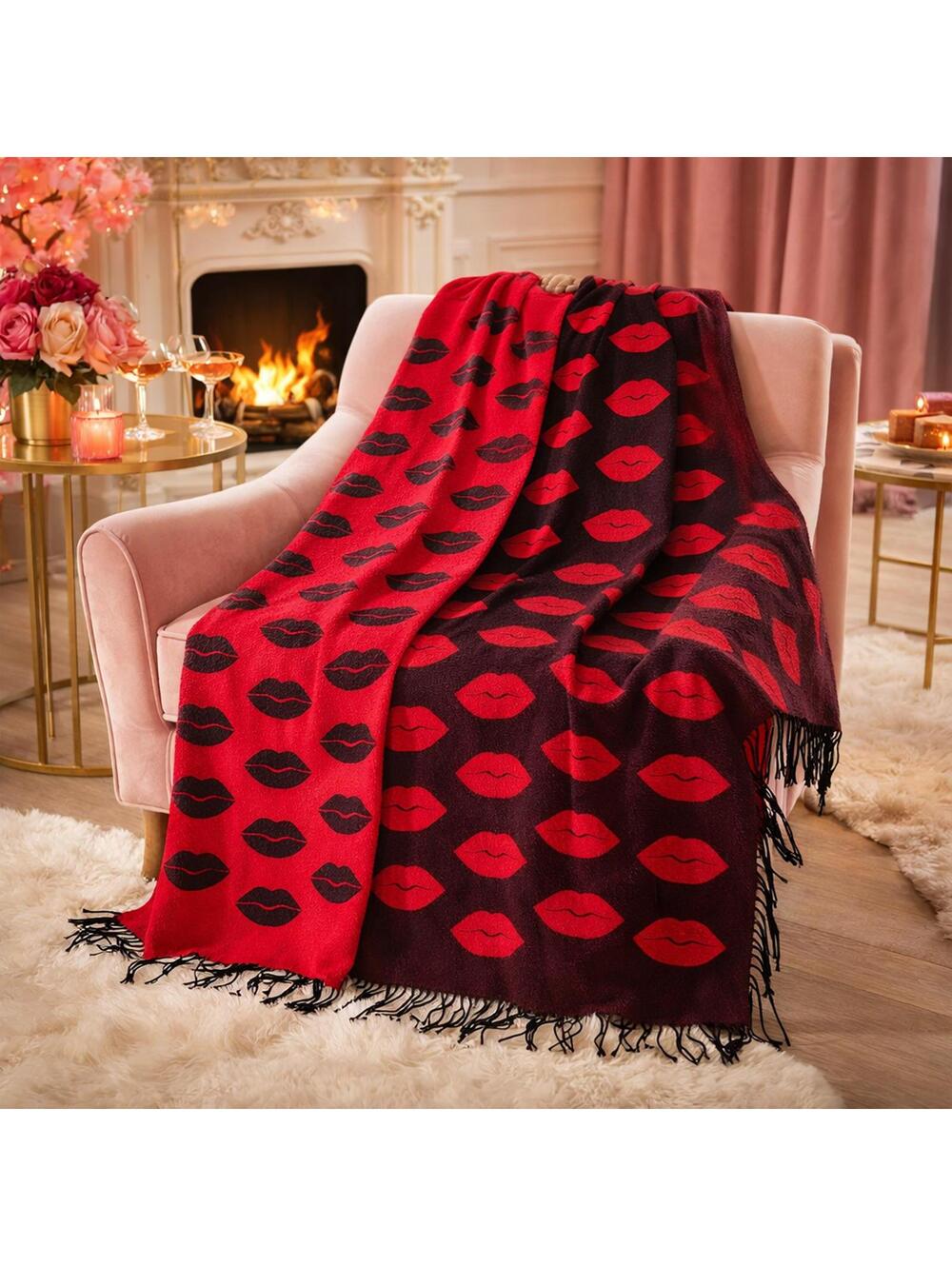 Victoria's Secret Cozy Lip Print Throw Blanket Black Red Super Cute Accent